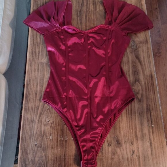 Merlot Satin Bodysuit Sweetheart Neck Sheer Puff Sleeves Size M - Picture 5 of 6